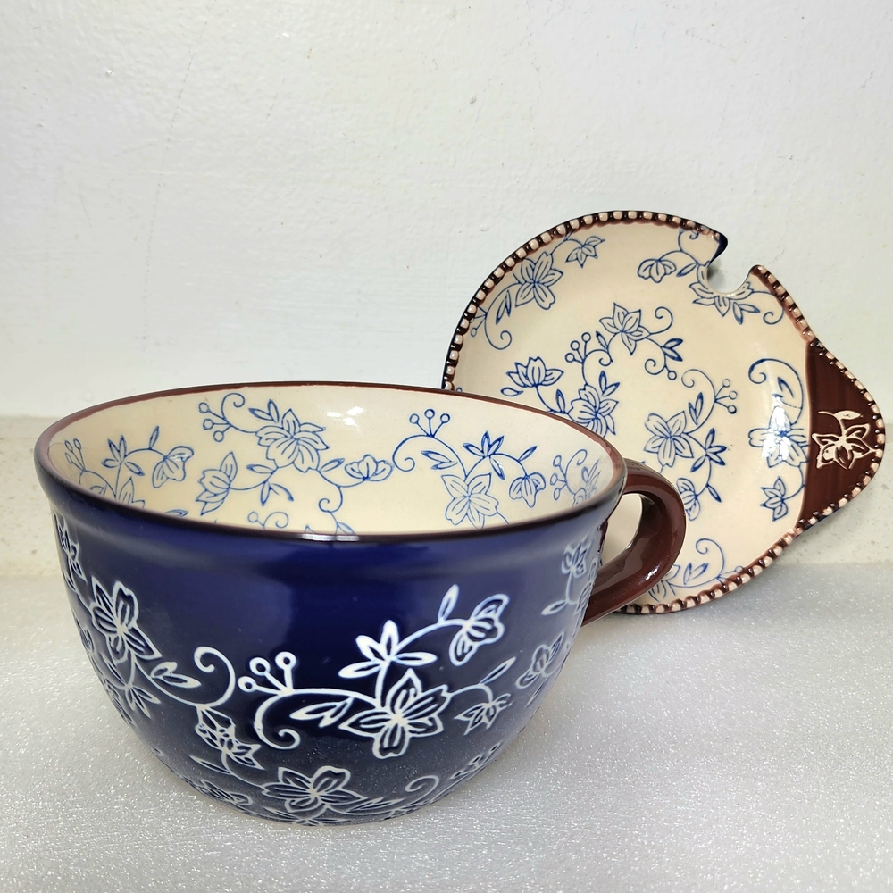 Temp-tations 2 Pc Blue Soup Mug And Lid. Floral Lace